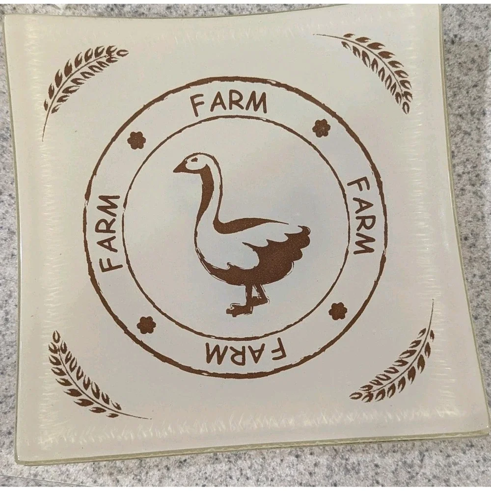 Square Glass Farm Plates Chicken Horse Cow Goose Set of 4 New Handmade In Turkey